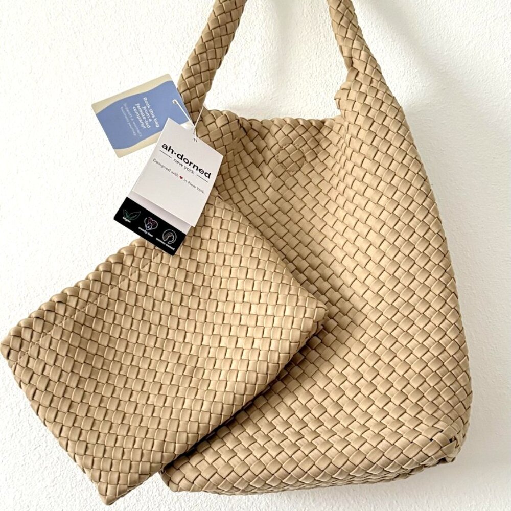 Ah-Dorned New York Neoprene Messenger Bag Tote Beige 2pc Set NWT